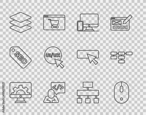 Set line Web development, Computer mouse, Monitor and mobile, Front end, Layers, UI UX design, Site map and icon. Vector