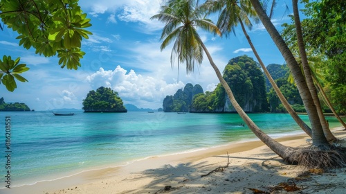 Picturesque view of the beach, blue sea, blue sky, coconut palms.