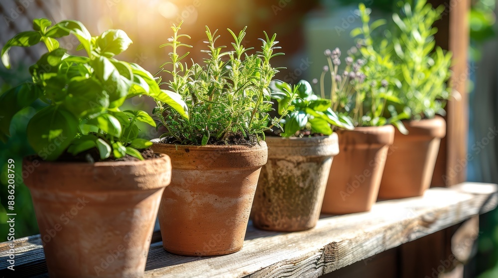 Close-up of potted herb plants, including basil and rosemary, in terracotta pots on a wooden shelf in a sunny outdoor garden. Close-up of potted herb plants, including basil and rosemary, in terracotta pots on a wooden shelf in a sunny outdoor garden.