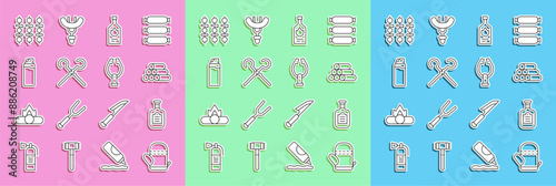 Set line Oven glove, Sauce bottle, Wooden logs, Tabasco sauce, BBQ skewers, Lighter, Grilled shish kebab and Meat tongs icon. Vector