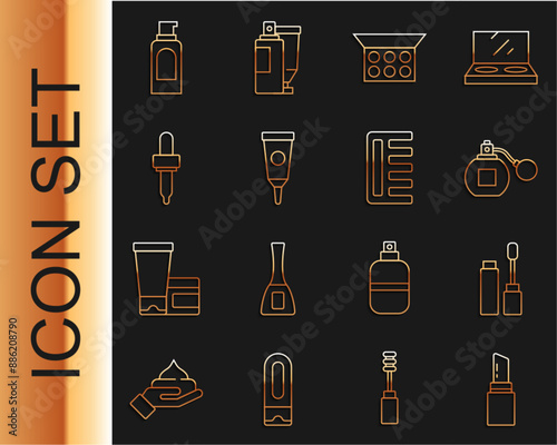 Set line Lipstick, Mascara brush, Perfume, Makeup powder with mirror, Cream lotion cosmetic tube, Pipette, Spray can for hairspray and Hairbrush icon. Vector