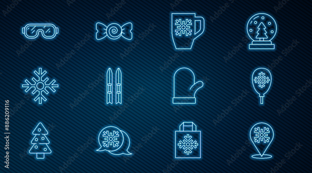 Set line Snowflake, Balloons with snowflake, Coffee cup, Ski and sticks, goggles, Christmas mitten and Candy icon. Vector Set line Snowflake, Balloons with snowflake, Coffee cup, Ski and sticks, goggles, Christmas mitten and Candy icon. Vector