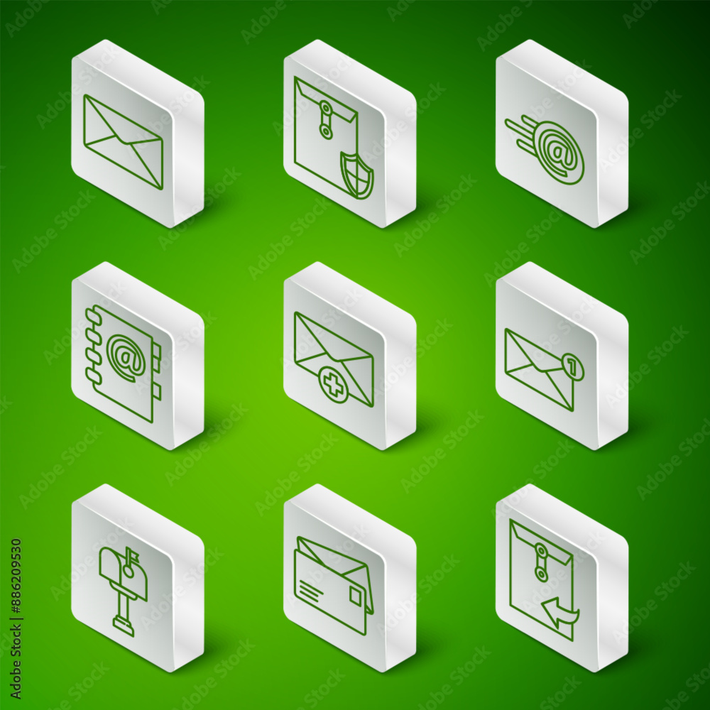 Set line Envelope, Received message concept, Address book, with shield, Mail box and icon. Vector Set line Envelope, Received message concept, Address book, with shield, Mail box and icon. Vector