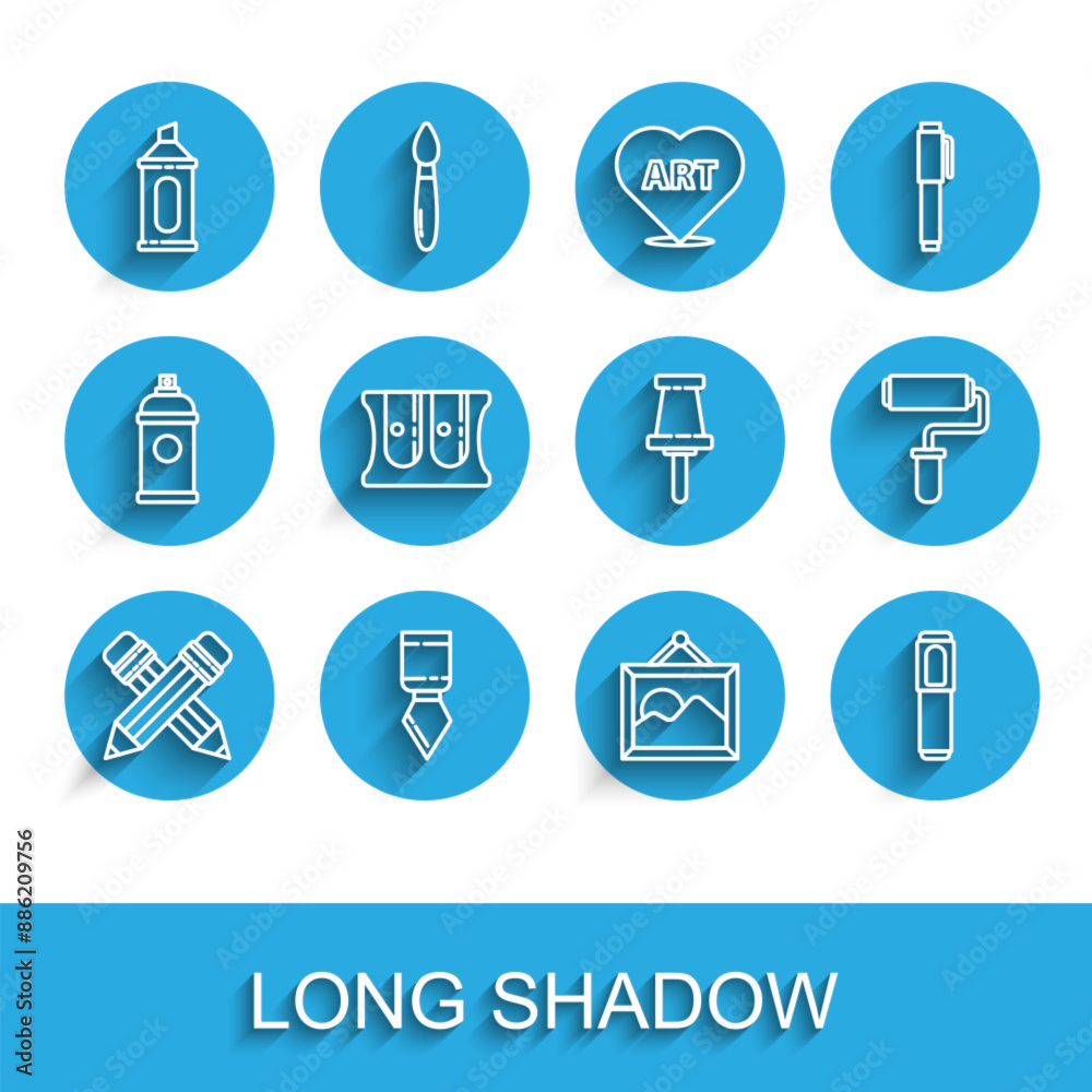 Set line Crossed pencil with eraser, Palette knife, Marker, Picture landscape, Pencil sharpener, Paint roller brush and Push pin icon. Vector Set line Crossed pencil with eraser, Palette knife, Marker, Picture landscape, Pencil sharpener, Paint roller brush and Push pin icon. Vector