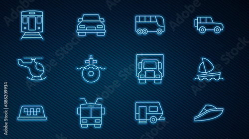 Set line Speedboat, Yacht sailboat, Bus, Submarine, Helicopter, Train and railway, Delivery cargo truck and Car icon. Vector