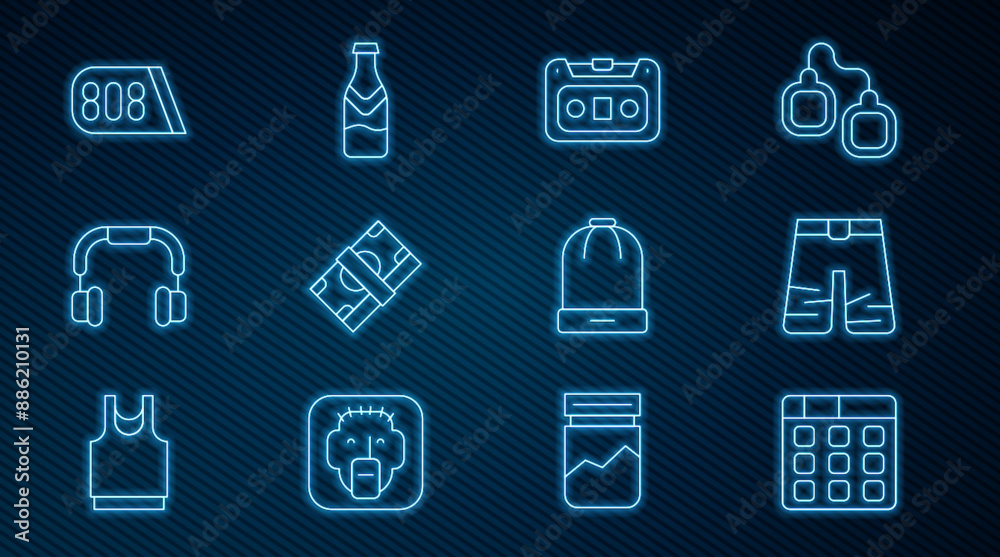 Set line Drum machine music, Wide pants, Retro audio cassette tape, Stacks paper money cash, Headphones, Winter hat and Beer bottle icon. Vector Set line Drum machine music, Wide pants, Retro audio cassette tape, Stacks paper money cash, Headphones, Winter hat and Beer bottle icon. Vector