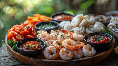 A colorful seafood platter featuring shrimp, vegetables, and various dips on a wooden table in a natural outdoor setting.