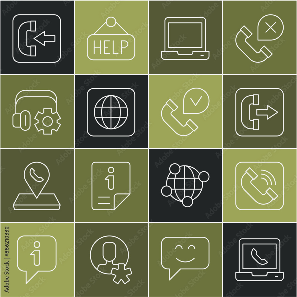 Set line Telephone 24 hours support, handset, Outgoing call, Laptop, Worldwide, Headphoneswith settings, Incoming and icon. Vector Set line Telephone 24 hours support, handset, Outgoing call, Laptop, Worldwide, Headphoneswith settings, Incoming and icon. Vector