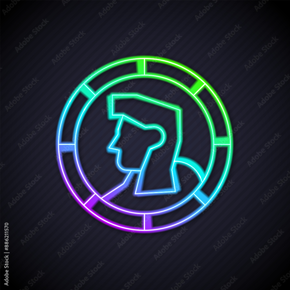 Glowing neon line Ancient coin icon isolated on black background. Vector Glowing neon line Ancient coin icon isolated on black background. Vector