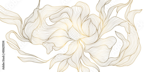 Vector line floral texture, gold leaf ornament, Japanese dynamic luxury decor element. Modern graphic botanical drawing.