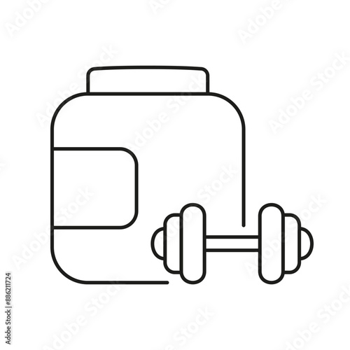 Protein Powder Container And Dumbbell Line Icon. Bodybuilding, Muscle Building, Fitness Supplement Outline Symbol. Isolated Vector Illustration