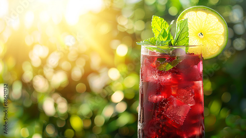 a refreshing iced hibiscus tea in a tall glass, garnished with a slice of lime and fresh mint leaves, with a background of bright outdoor sunlight