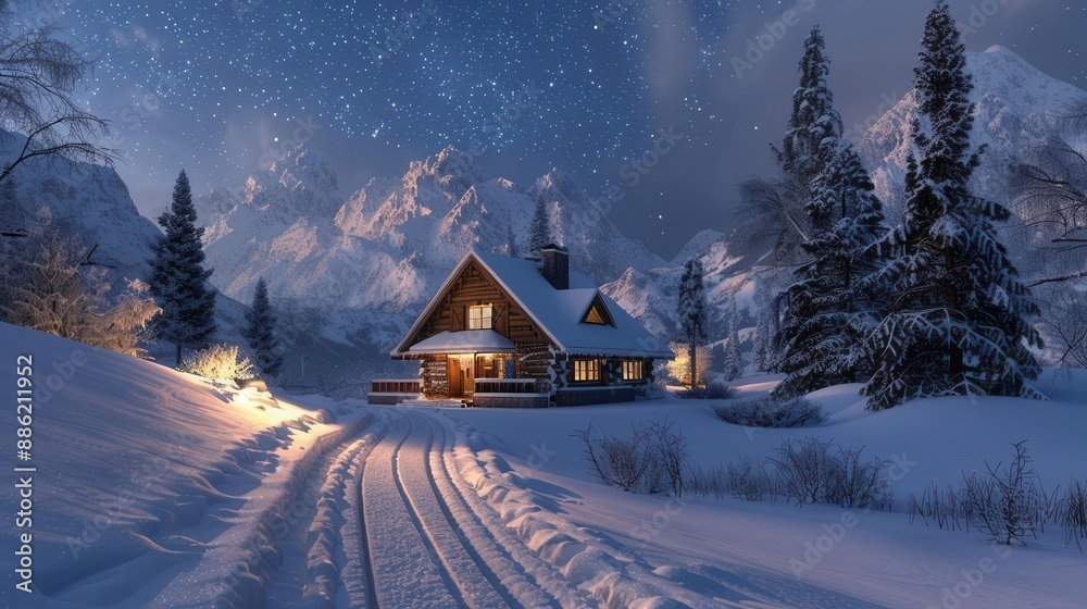 Mountain cabin in a snowy landscape under a starlit winter sky, 3D render, realistic textures, cool tones, peaceful mood Mountain cabin in a snowy landscape under a starlit winter sky, 3D render, realistic textures, cool tones, peaceful mood