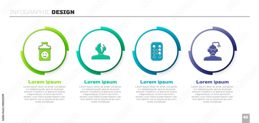 Set Antidepressants, Solution problem in psychology, Sedative pills and Concussion, headache. Business infographic template. Vector Set Antidepressants, Solution problem in psychology, Sedative pills and Concussion, headache. Business infographic template. Vector
