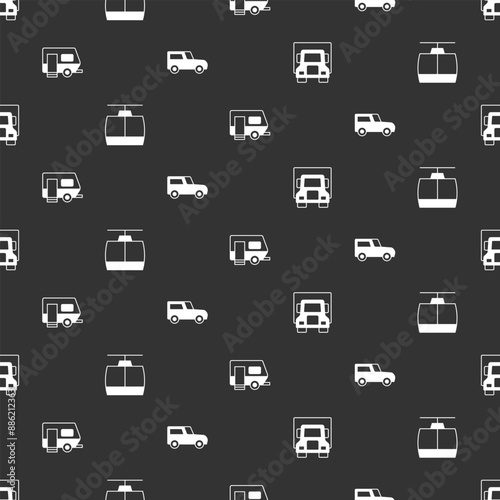 Set Delivery cargo truck, Cable, Rv Camping trailer and Car on seamless pattern. Vector