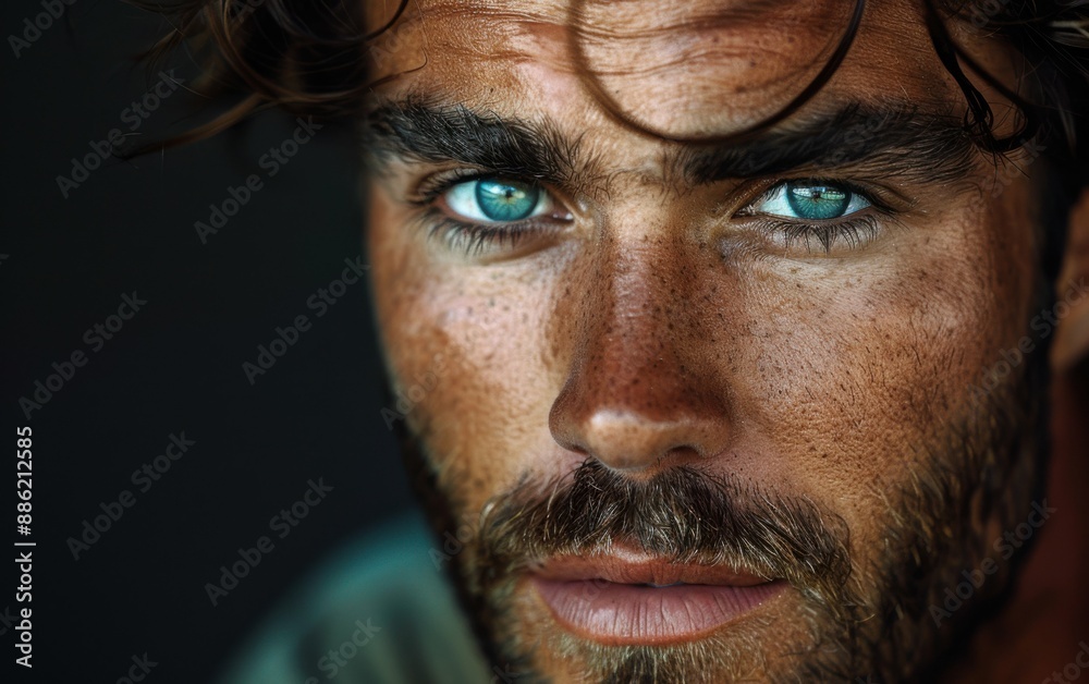 Fototapeta premium A close-up portrait of a handsome man with blue eyes, wearing a warm scarf in the winter, with snow on his beard