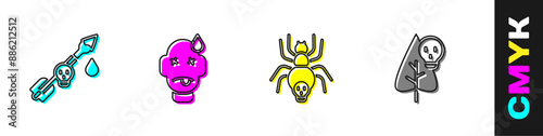 Set Poison on the arrow, Man poisoning, Poisonous spider and flower icon. Vector