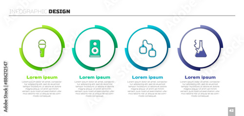 Set Microphone, Stereo speaker, Handcuffs and Glass bong for smoking marijuana. Business infographic template. Vector