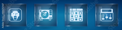Set Rapper, Vinyl player with vinyl disk, Drum machine music and . Square glass panels. Vector
