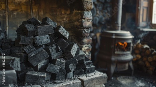 Wallpaper Mural Heritage Heating: Neatly Arranged Coal Briquettes Next to an Antique Stove, Symbol of Timeless Warmth and Nostalgic Elegance, Perfect for Historical Interiors Torontodigital.ca