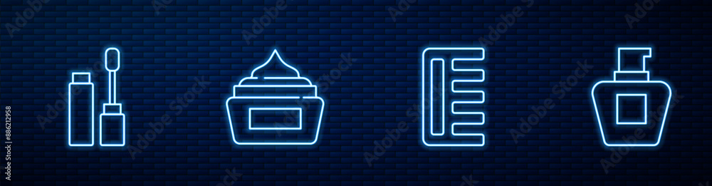 Set line Hairbrush, Mascara, Cream or lotion cosmetic tube and . Glowing neon icon on brick wall. Vector Set line Hairbrush, Mascara, Cream or lotion cosmetic tube and . Glowing neon icon on brick wall. Vector