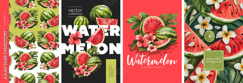 Hand drawn set of designs and patterns. Vectorized gouache illustrations. Illustrations of sweet watermelon with flowers and leaves for poster, prints, menu, card or textile