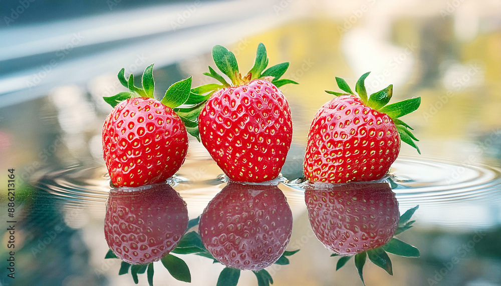 Three juicy strawberries on a thin layer of water being reflected and the background blurred image.