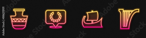 Set line Greek trireme, Ancient amphorae, Laurel wreath and Harp. Glowing neon icon. Vector