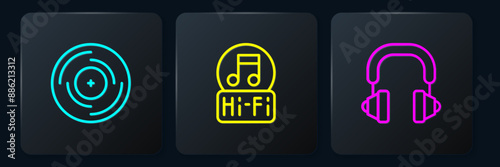 Set line Vinyl disk, Headphones and Music note, tone. Black square button. Vector