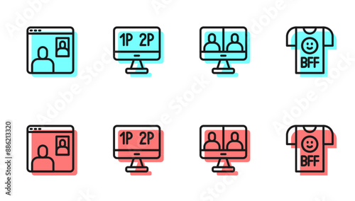 Set line Video chat conference, , Computer monitor screen and BFF best friends forever icon. Vector