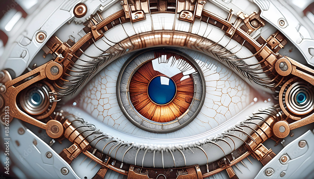 Obraz premium Cyborg metallic human eye made with gears with iron pieces and rusty material and shiny iris made with shiny aluminum, hyper realistic high definition image in close up 