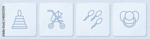 Set line Pyramid toy, Sperm, Baby stroller and dummy pacifier. White square button. Vector