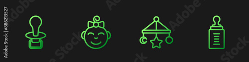 Set line Baby crib hanging toys, dummy pacifier, Little girl head and bottle. Gradient color icons. Vector