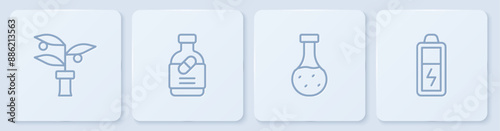 Set line Plant breeding, Test tube, Medicine bottle and pills and Battery. White square button. Vector