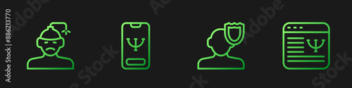 Set line Psychology, Concussion, headache, Online psychological counseling and . Gradient color icons. Vector