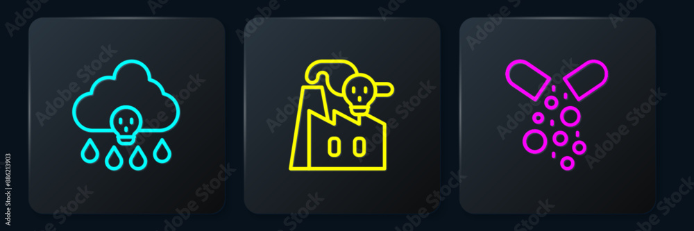 Set line Acid rain, Poisoned pill and Smoke from factory. Black square button. Vector Set line Acid rain, Poisoned pill and Smoke from factory. Black square button. Vector