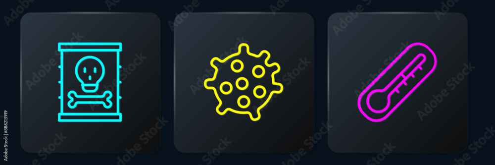 Set line Radioactive waste in barrel, Thermometer and Bacteria. Black square button. Vector