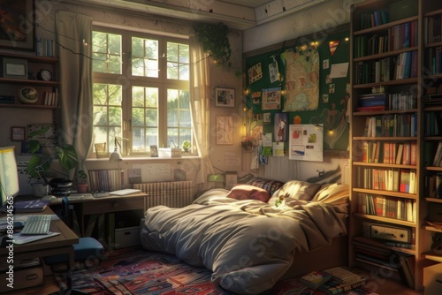 Messy bedroom full of character is bathed in warm morning sunlight streaming through the window