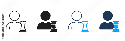 Chess Strategy Line and Silhouette Icon Set. Success in Competition, Strategist Man with Chess Figure Pictogram. Strategic Approach Symbol. Editable Stroke. Isolated Vector Illustration