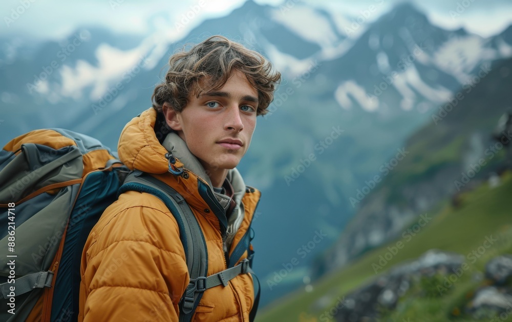 A young man with a backpack hikes through a mountainous landscape. He is smiling and looking at the camera A young man with a backpack hikes through a mountainous landscape. He is smiling and looking at the camera