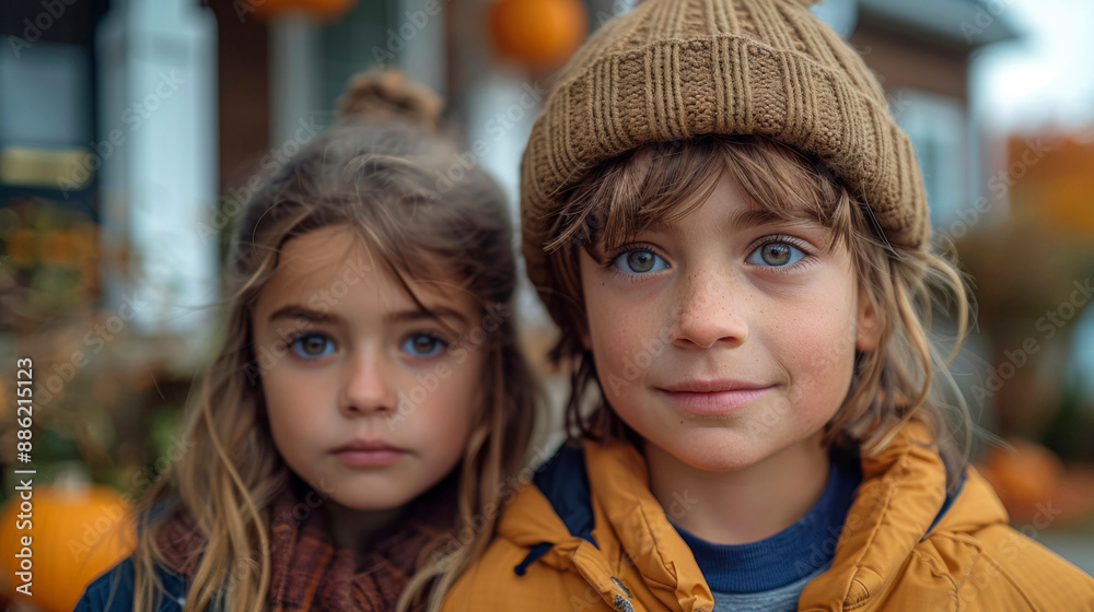 Obraz premium Toddler friends in front of house, autumn Halloween