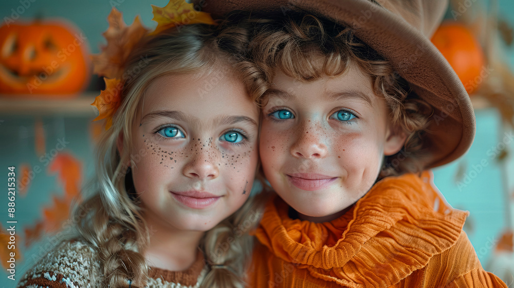 Kids with face paint, indoor Halloween portrait Kids with face paint, indoor Halloween portrait