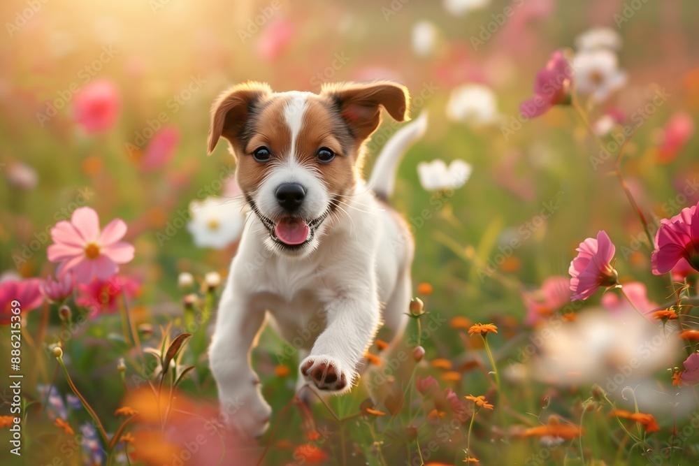 Playful Puppy Running Through a Field of Flowers Playful Puppy Running Through a Field of Flowers