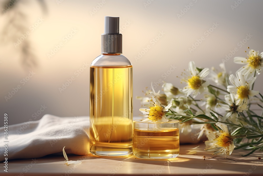 Bottle of essential oil with spring flowers on table, closeup Bottle of essential oil with spring flowers on table, closeup