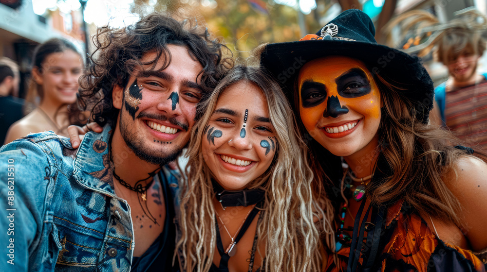 Friends with face paint and costumes, Halloween street party Friends with face paint and costumes, Halloween street party