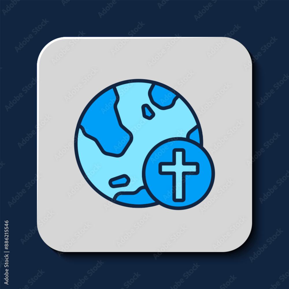 Filled outline Christian cross with globe Earth icon isolated on blue background. World religion day. Vector