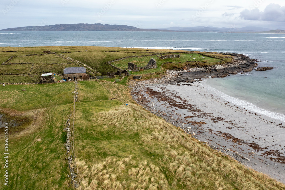 Aerial view of the Inishkeel island during a misty and hazy winter day - Portnoo, County Donegal, Ireland Aerial view of the Inishkeel island during a misty and hazy winter day - Portnoo, County Donegal, Ireland