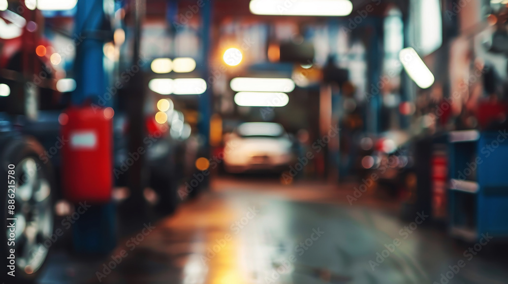 Fototapeta premium Car repair shop blurred background