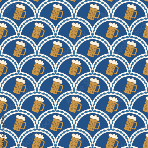 Beer scallop seamless pattern. Oktoberfest arch repeat background. Mug with beverage retro endless design. Vector hand drawn illustration.