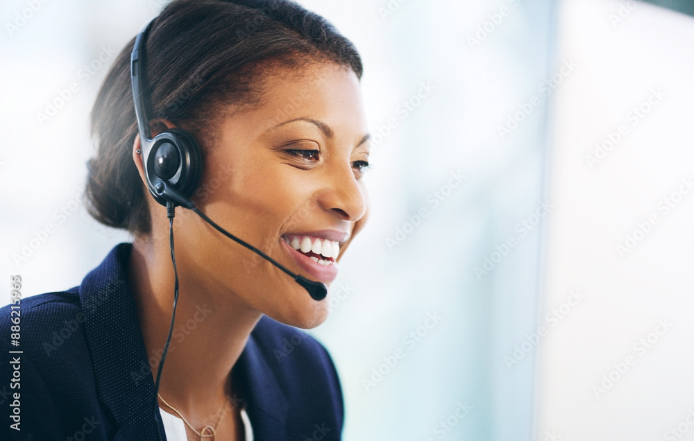 Woman, happy and call centre in workplace with headsets, talking and outbound calls with company representative. Virtual conversation, help desk and customer service consultant, business and support Woman, happy and call centre in workplace with headsets, talking and outbound calls with company representative. Virtual conversation, help desk and customer service consultant, business and support